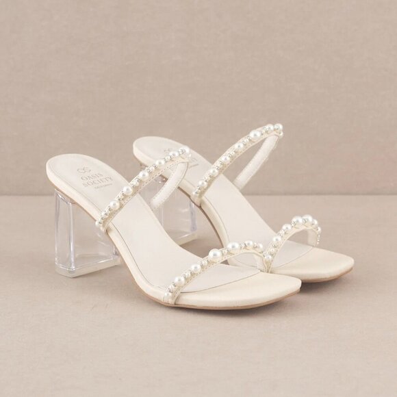 The Wild Clover Shoes - MAE BEIGE STRAPPY PEARL HEEL